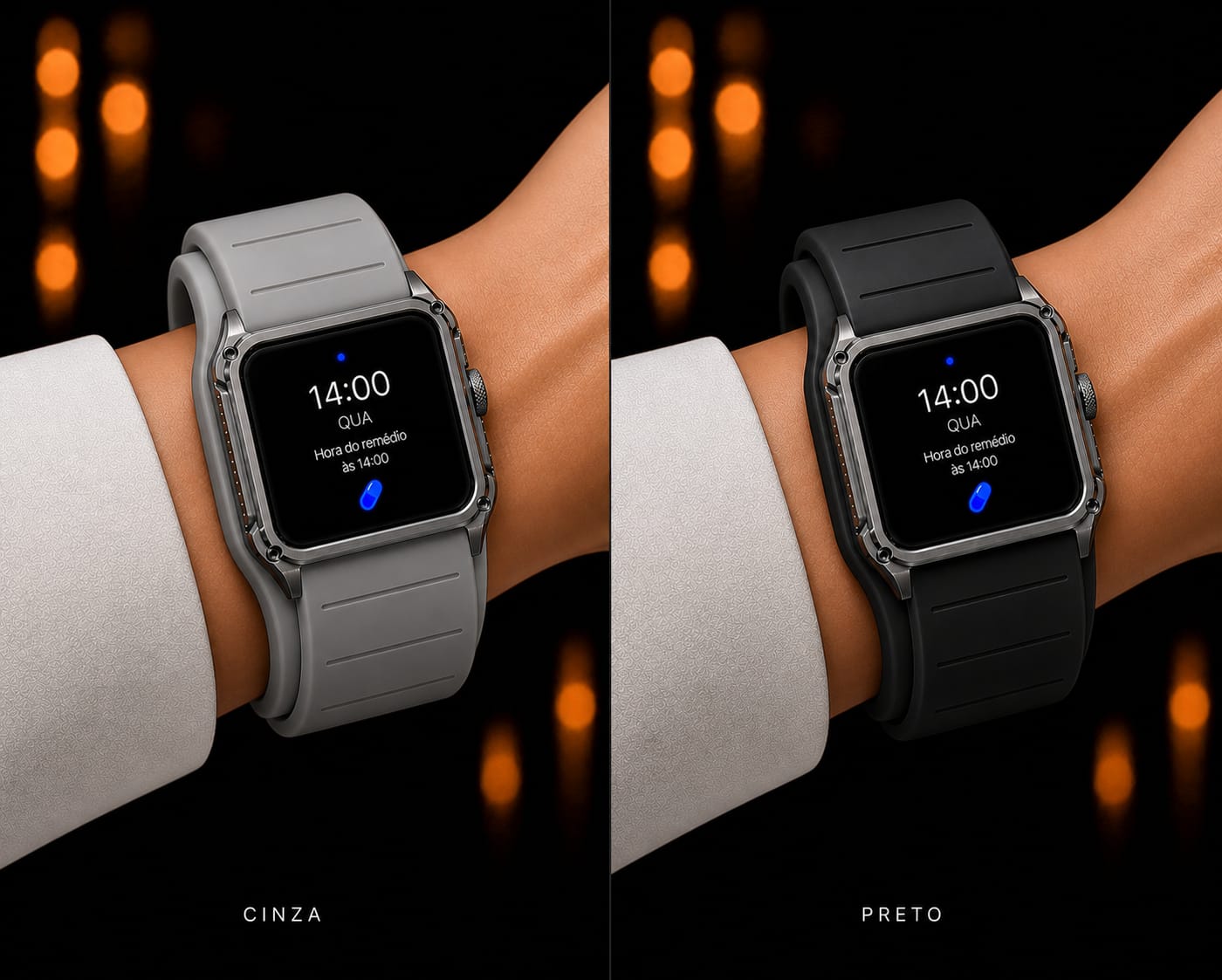 Linha Core do Dosara — pulseiras em cinza e preto, acabamento esportivo discreto.